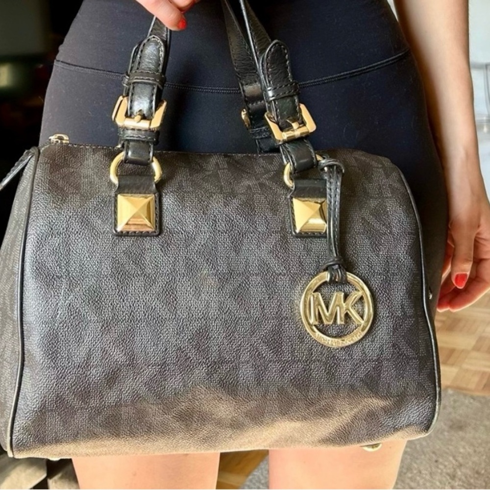 Michael Kors Black and Gold Satchel with Monogram Pattern
